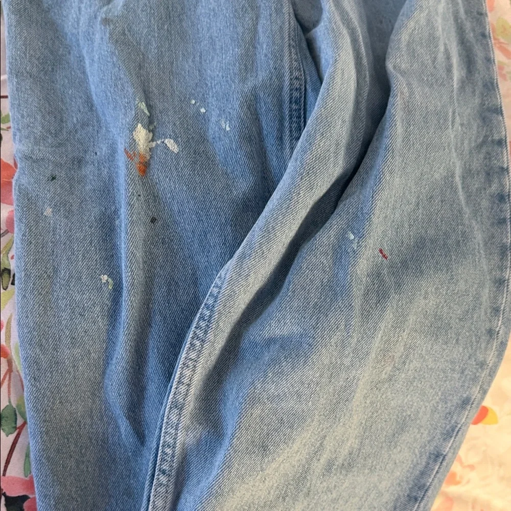 Mango Light Blue Denim Overalls with paint details